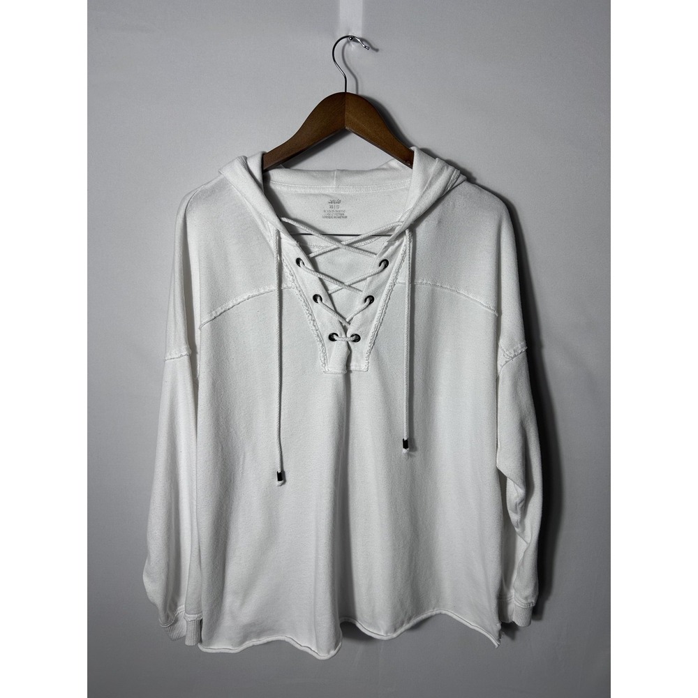 Aerie Hoodie Womens XS White Lace Up V-Neck Pullover Long Sleeve Relaxed Cotton